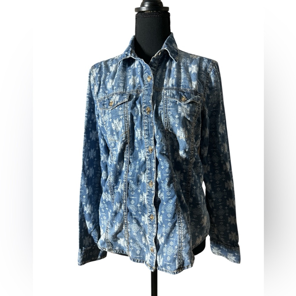 Chambray Button‎ Down Southwestern Aztec Western Women’s Top 100% Cotton Size M